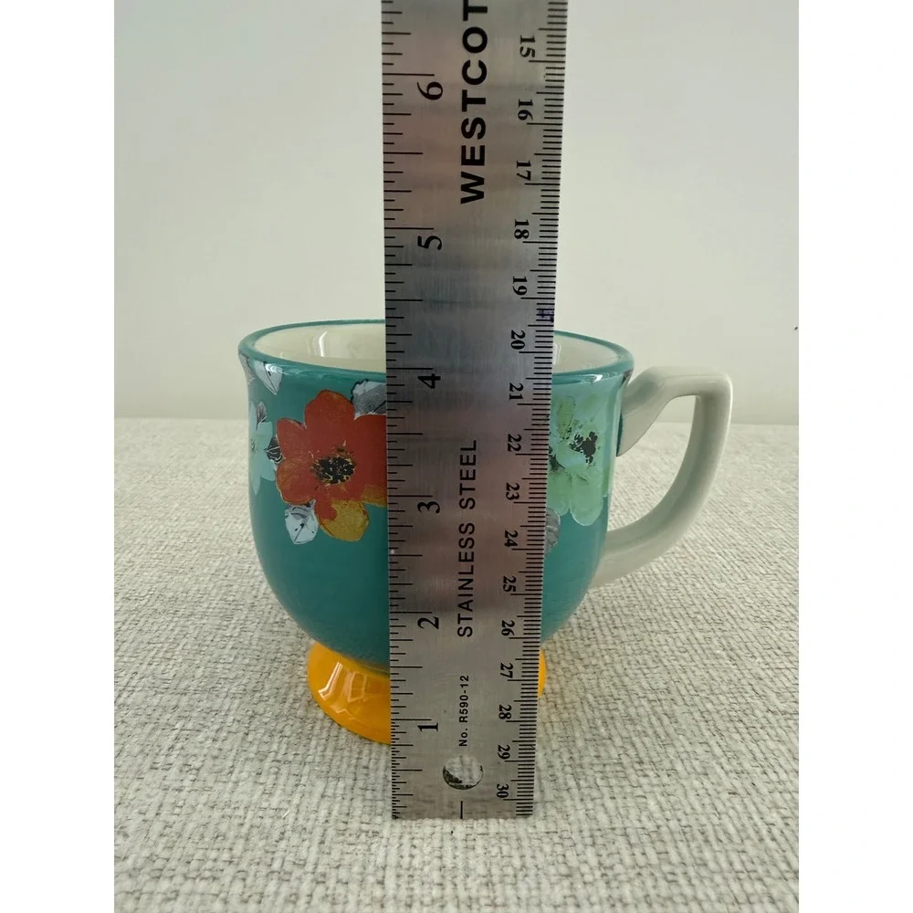 Pioneer‎ Woman Floral Turquoise and Yellow Footed Coffee Tea cup Coffee Mug